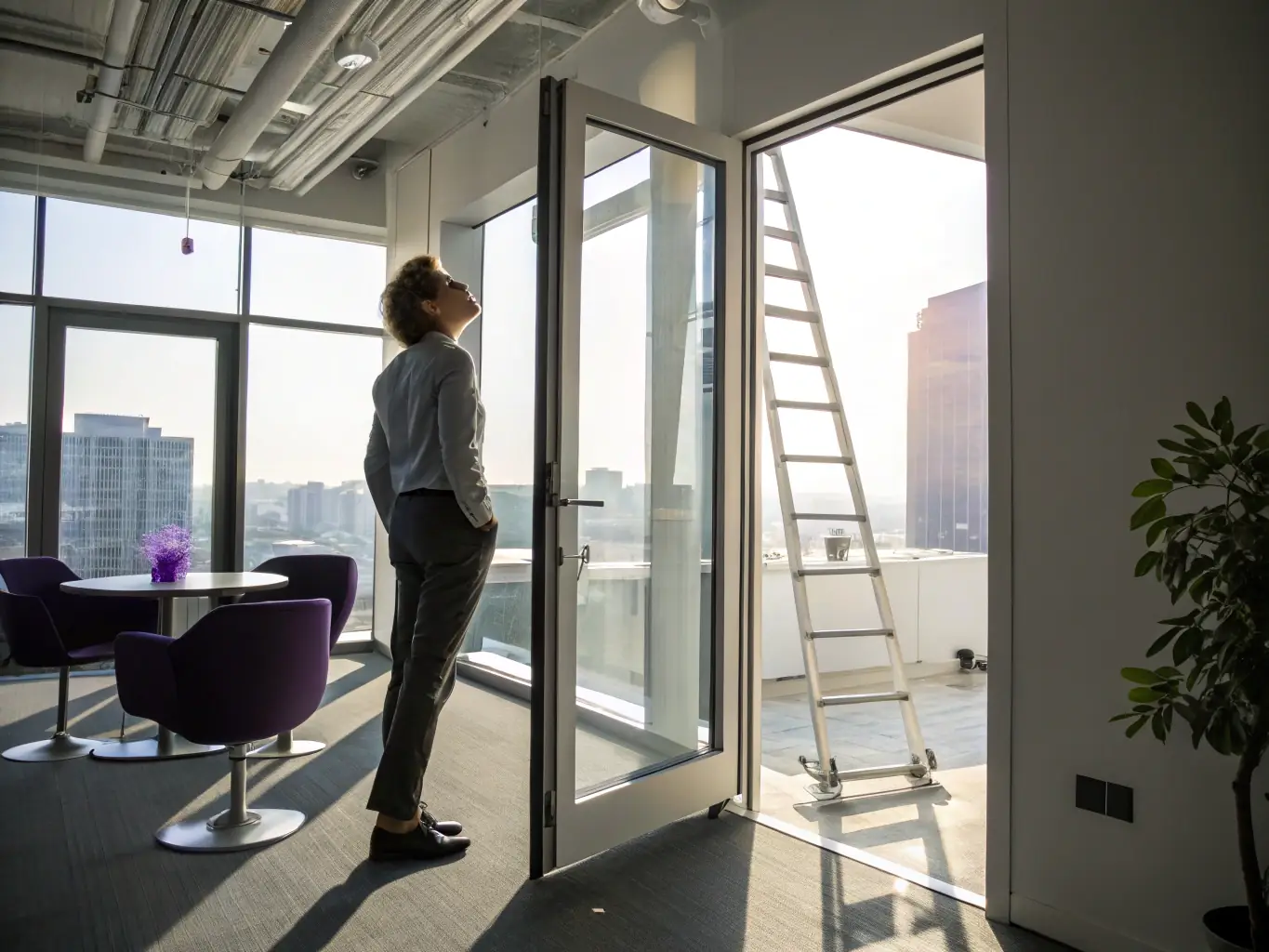 An image of a professional confidently climbing a career ladder, symbolizing career transformation and advancement, ideal for the Career Transformation coaching service.